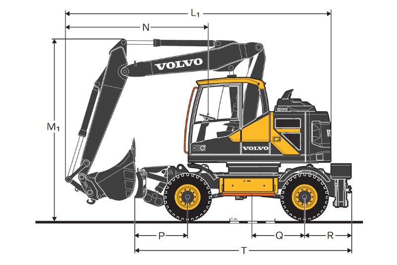 Abmessungen des EWR150E Mobilbaggers von Volvo