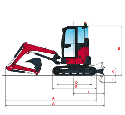 Maße des Yanmar Vio 38-7 Nullheckbagger