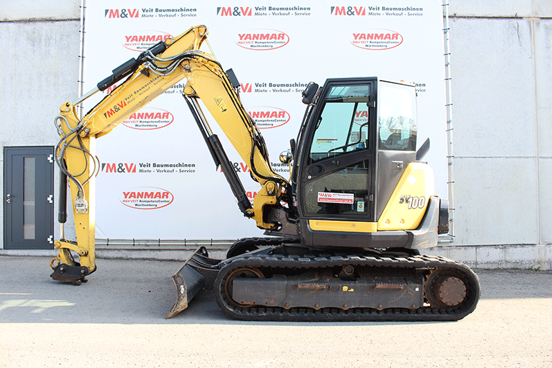 Seitenansicht des Yanmar SV 100-2PB Midibaggers – leistungsstarker Kurzheckbagger für präzise Arbeiten auf der Baustelle