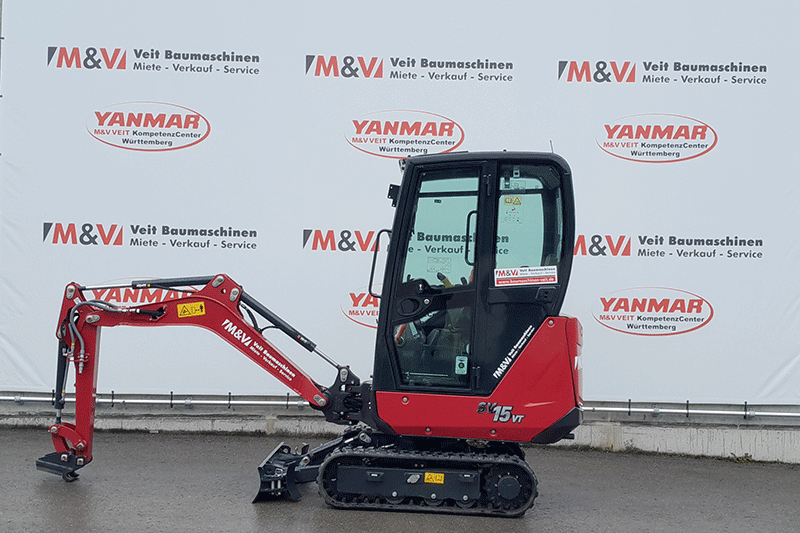 Yanmar SV 15 Minibagger mieten – kompakte Abmessungen für flexible Einsätze auf engen Baustellen, ideal für Garten- und Landschaftsbau sowie kleinere Bauprojekte