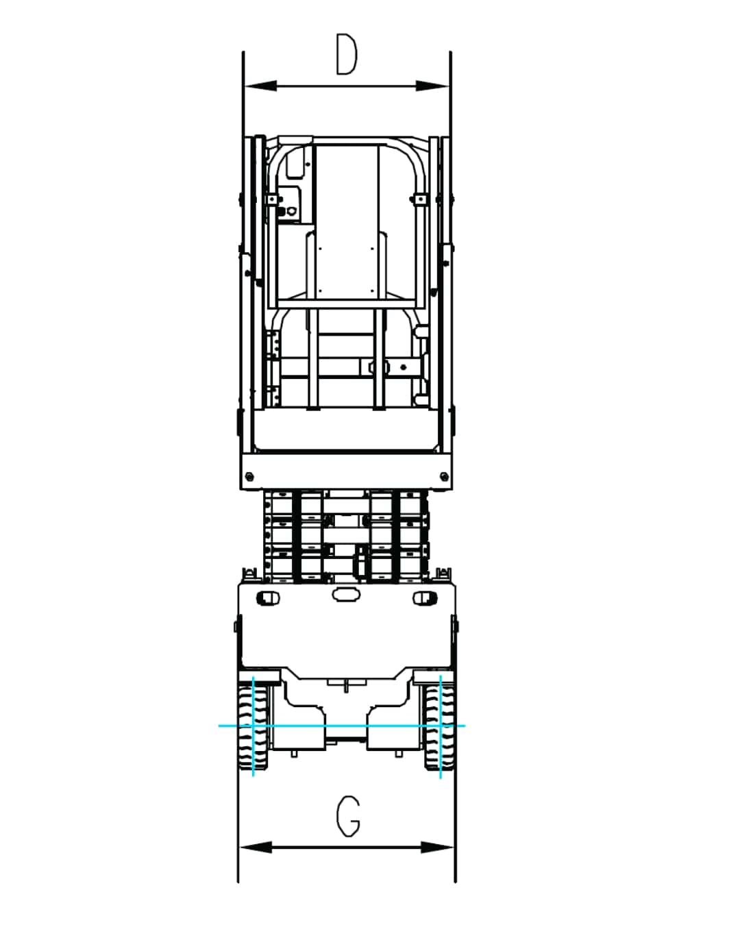 Technische Zeichnung der SWSL0807DC Scherenarbeitsbühne von vorne mit eingefahrener Bühne