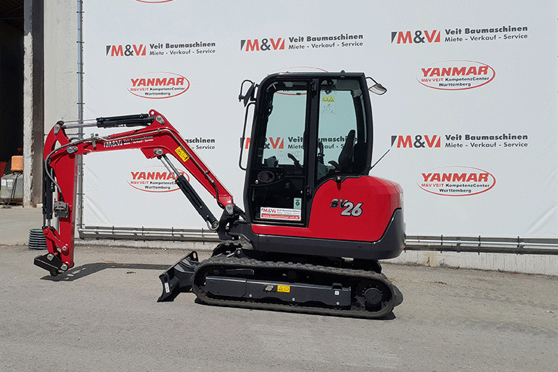 Seitenansicht des Yanmar SV26 Minibaggers mit Kurzheck-Konstruktion – ideal für präzise Arbeiten auf engen Baustellen